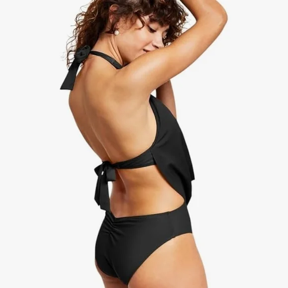 Bar III Black One-Piece Halter Swimsuit with Cowl Front, Size Small